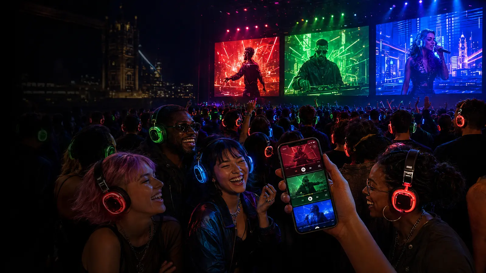 Friends wearing blue, red and green headphones at a Jukebox event with three matching music-video screens